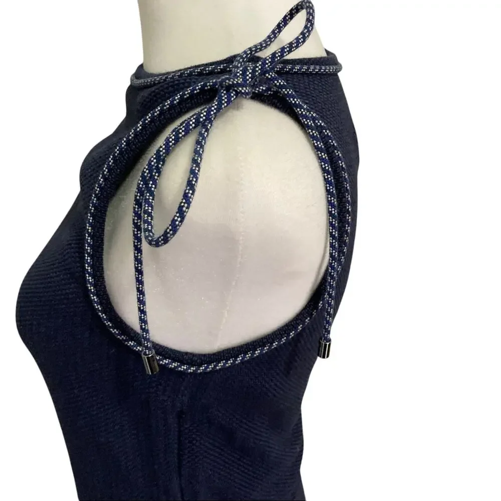CHANEL Navy Blue Knit Yachting Dress FR 34 US 2 Cord Embellished Drop Waist CC